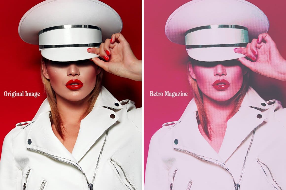 Original image and retro magazine of a girl with red lipstick in a white cap and a white leather jacket.