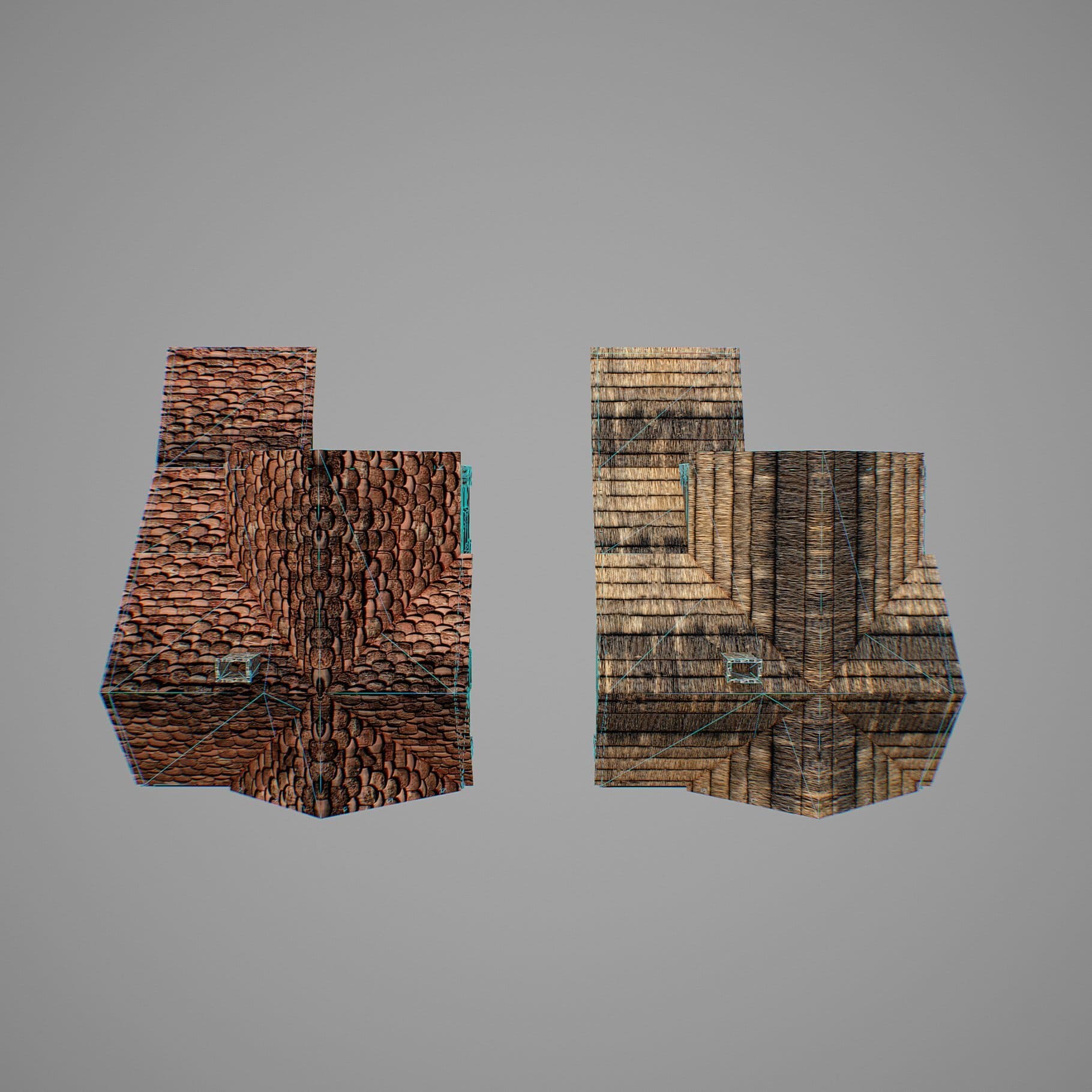 Top view of houses with roofs made of different materials.
