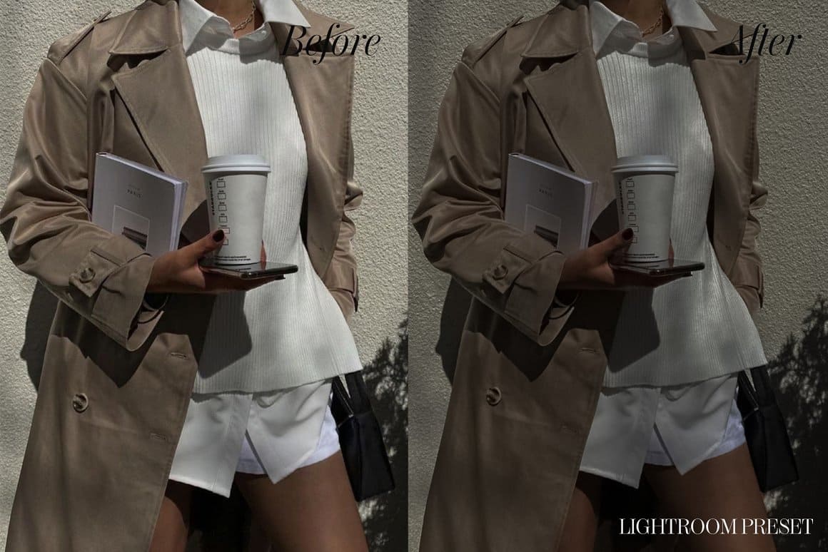 Before and after photo with the image of a girl holding a coffee.