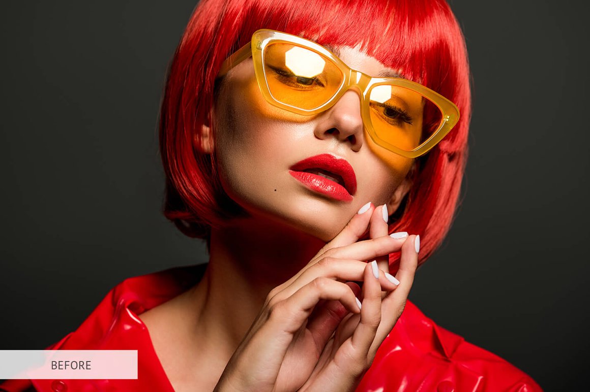Red wig with yellow glasses.