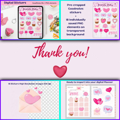 Images preview valentines png digital stickers pack and goodnotes.