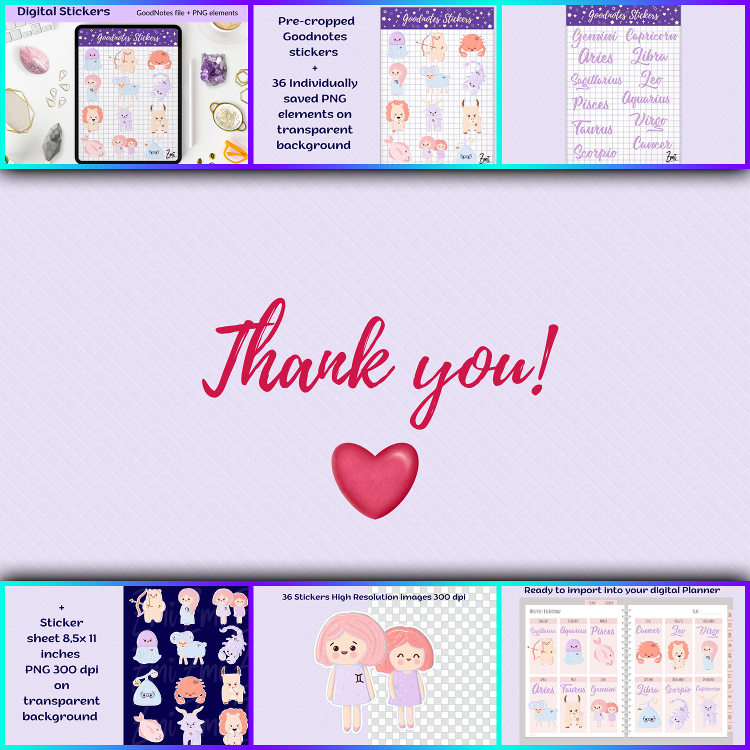 Images preview kawaii zodiac png digital stickers pack and goodno.
