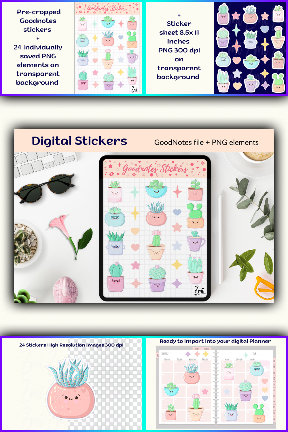 Illustrations kawaii cactus succulent digital stickers and goodn of pinterest.