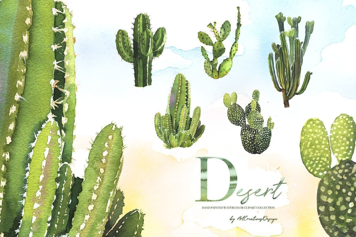 Many large green desert cacti made with watercolor paints.