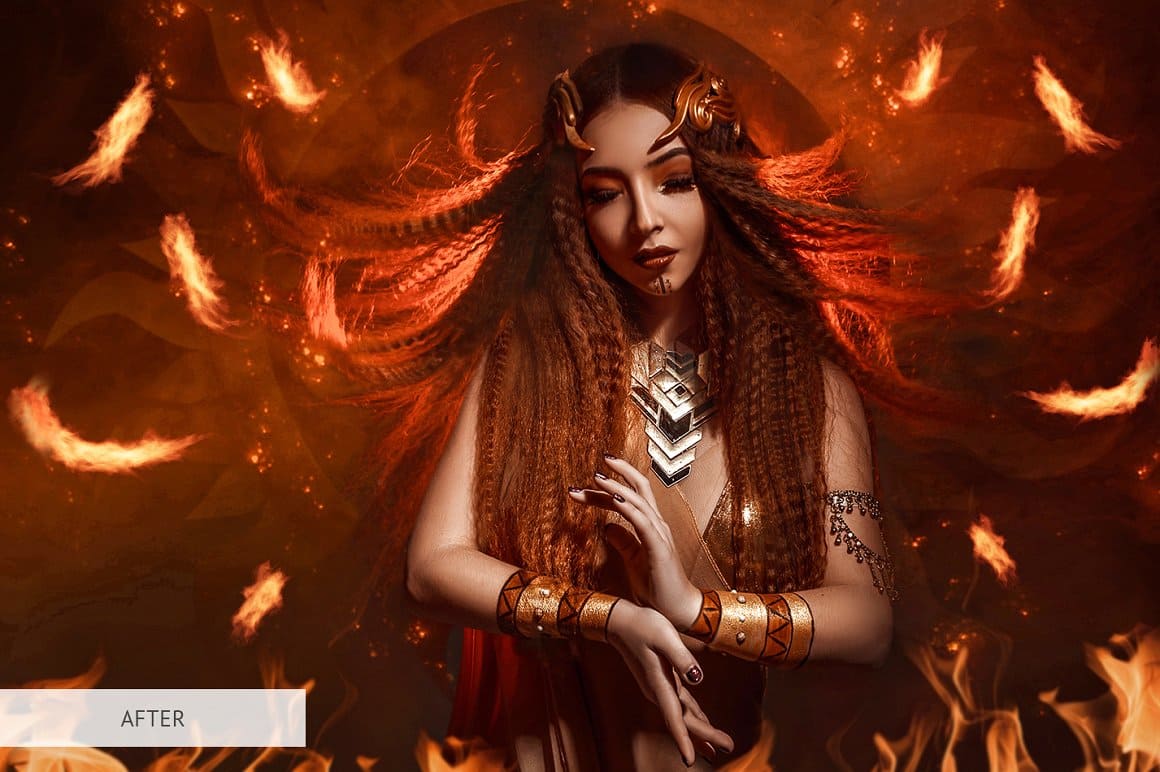 A girl with long wavy hair among the flames.