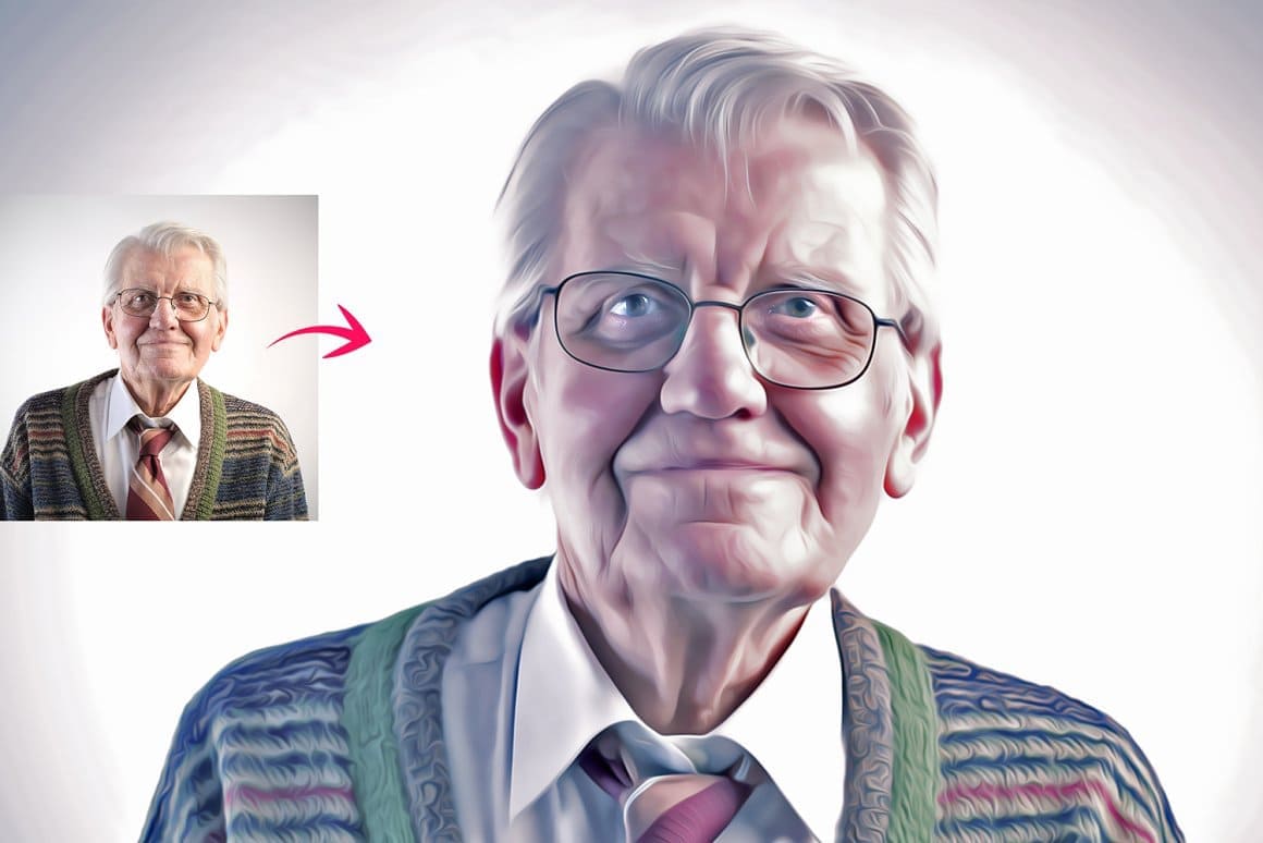 Image of a pensioner with the effect of Digital painting Photoshop action.