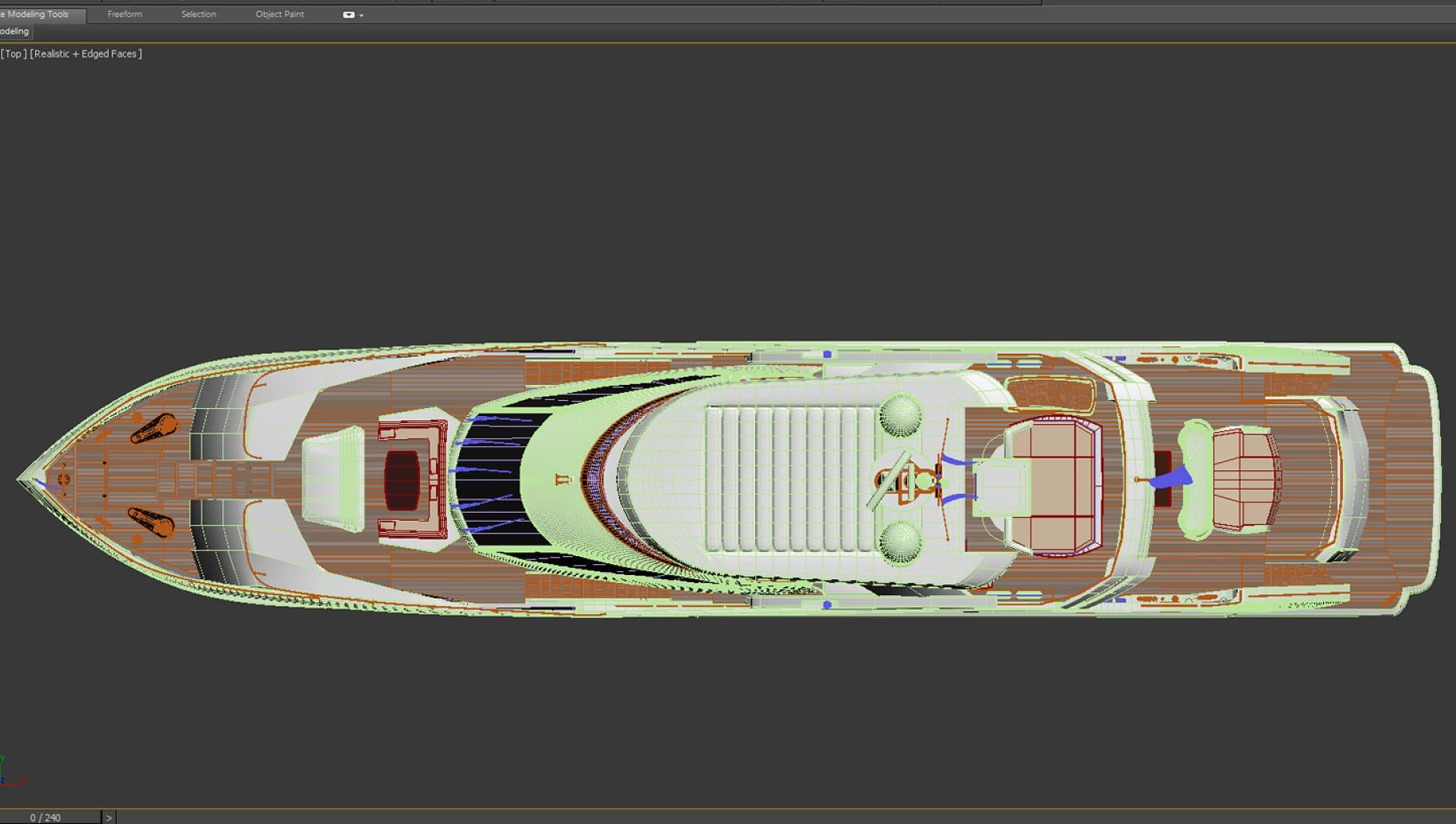 A top view of the Sunseeker predator 130 Superyacht Model with green lines in the graphics editor.