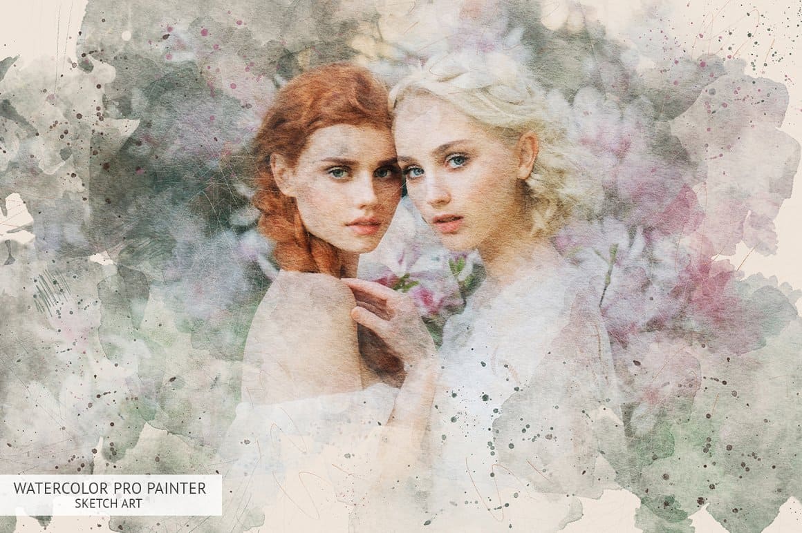 An image of a red-haired girl and a blonde girl on a background of magnolias with the effect of watercolor pro painter watercolor sketch art.