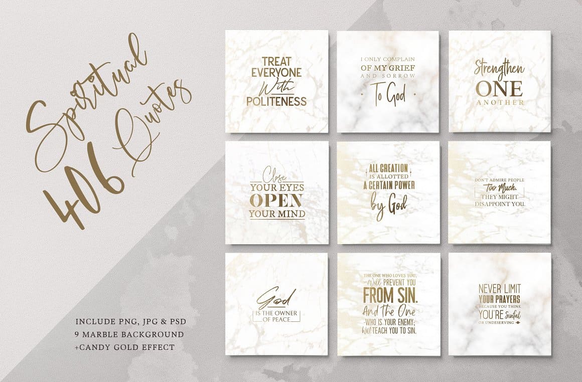 Spiritual 406 quotes include PNG, JPG and PSD 9 marble background + candy gold effect.