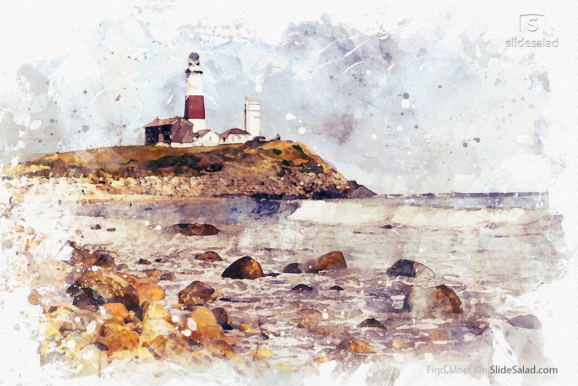 Watercolor landscape with the image of a lighthouse.