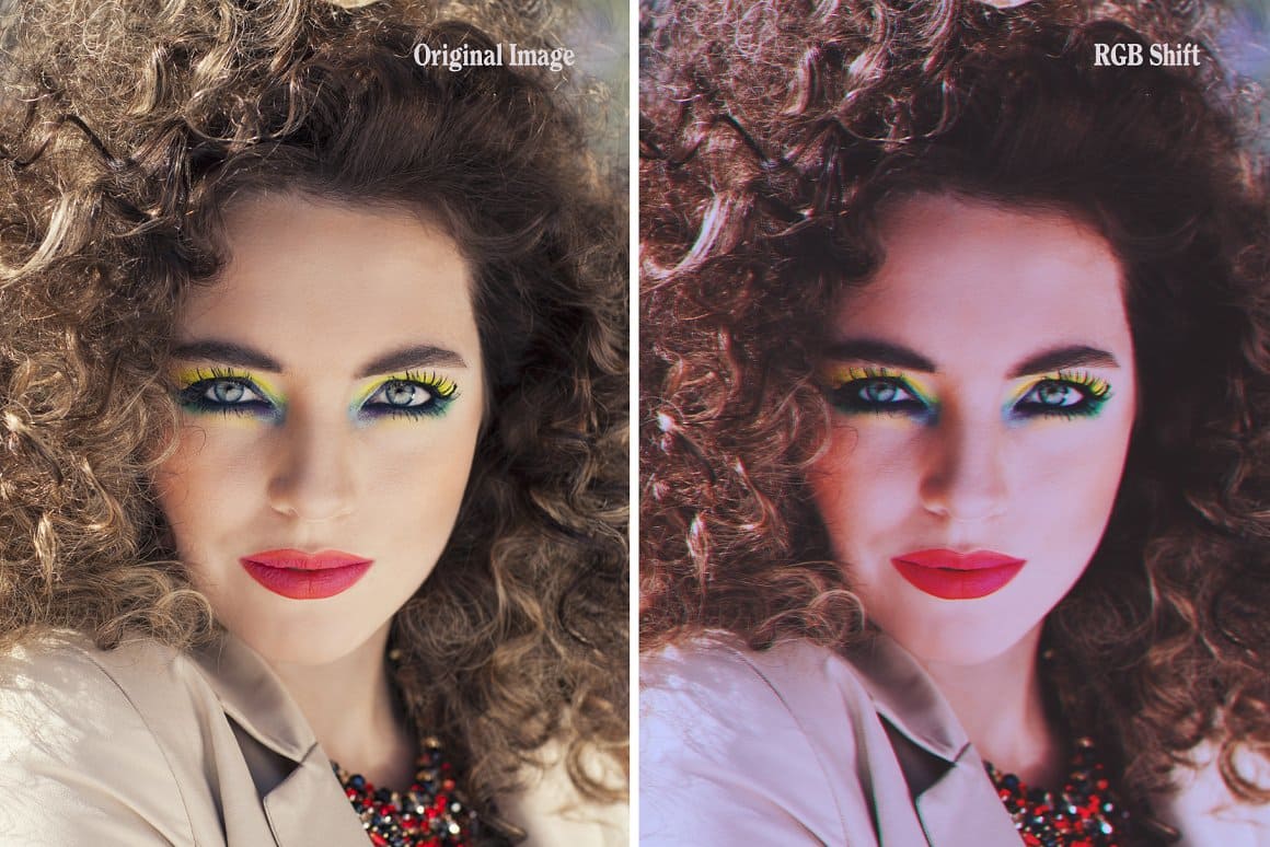 Original image and RGB Shift of a girl with yellow-blue eye makeup.