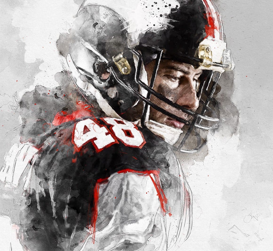 The image of the athlete performing under number 48 is painted with watercolors in Photoshop.
