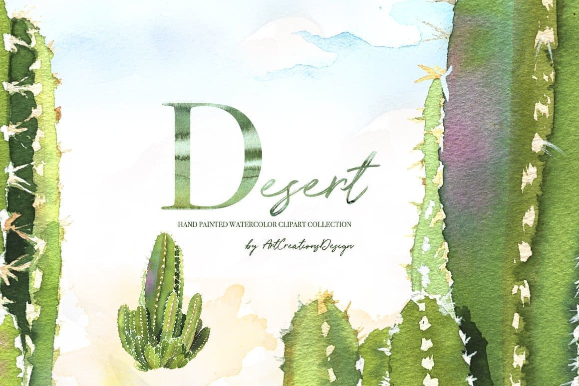 The name of the product in capital letters "Desert" on the background of desert cacti.