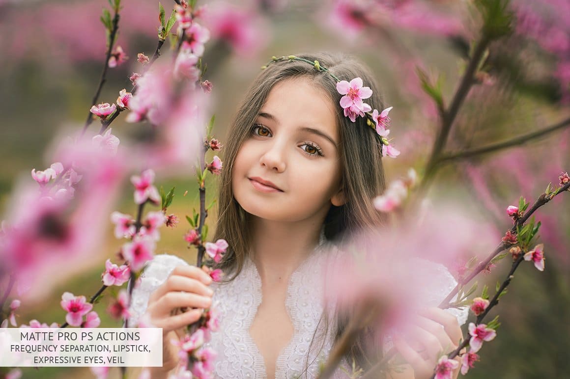 A girl among cherry blossom branches using elements from Matte Pro.