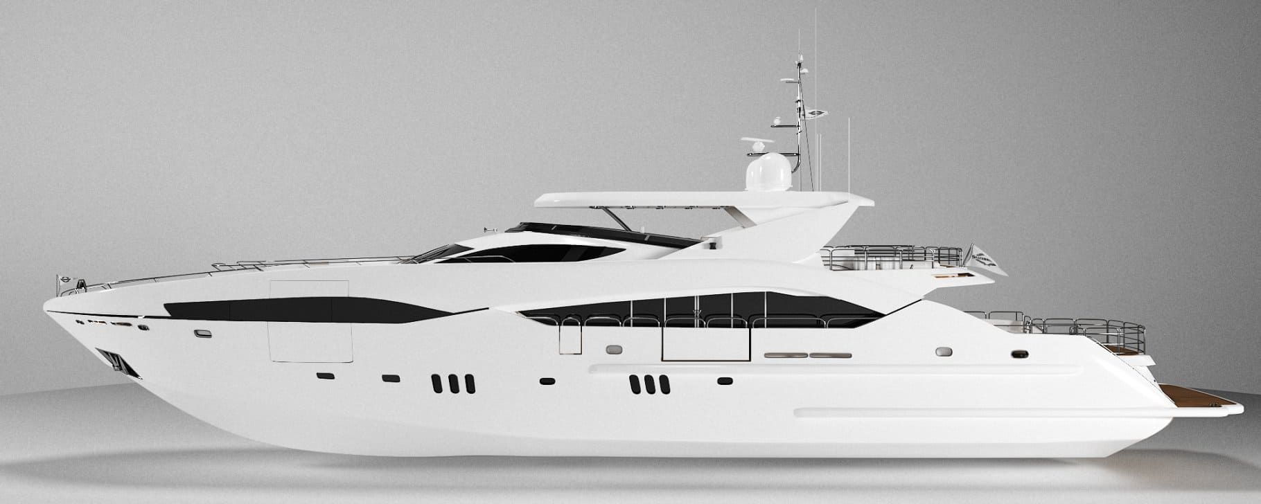 Side view of the white Sunseeker predator 130 Superyacht model in the graphics editor.
