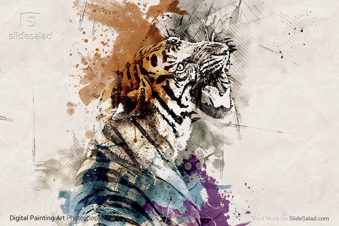Image of a predatory tiger that opened its mouth painted watercolor.