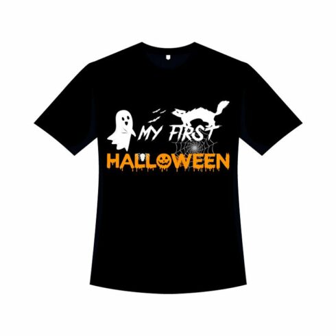 Black t-shirt with a Halloween logo print.