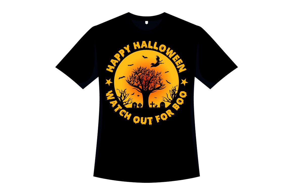 Black t-shirt with orange helloween print.