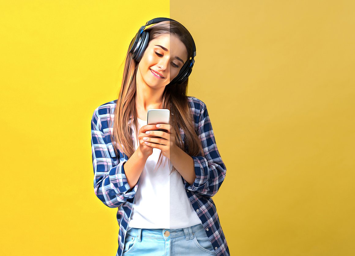 GIRL in headphones and jeans.