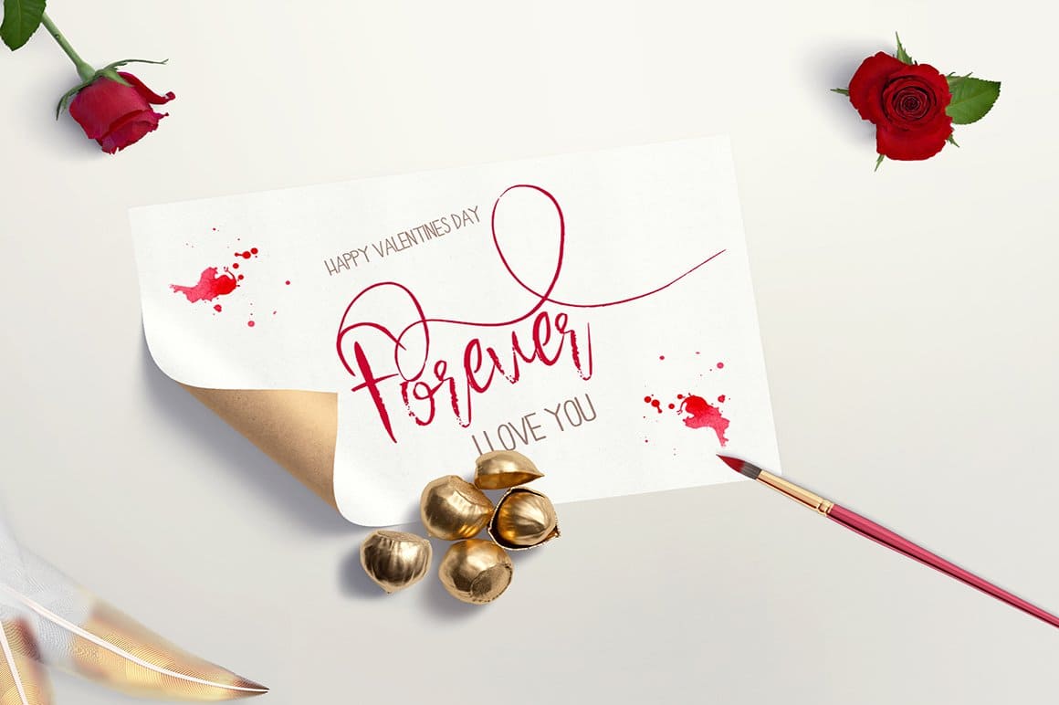 Inscription "Happy Valentines Day. Forever. I love you.” is written with the Saturday font.