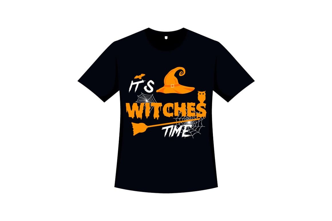 The black t-shirt reads "It's Witching Time".