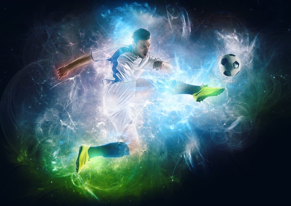 On a black background, a football player is drawn who hits the ball and an electric discharge occurs.