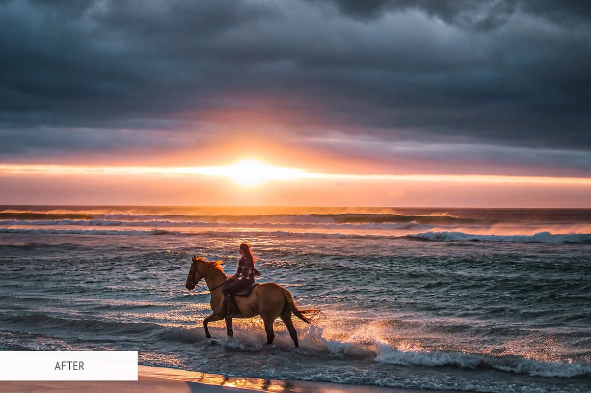 Photo of a girl riding a horse on the sea after applying HDR PRO Professional Photoshop action.