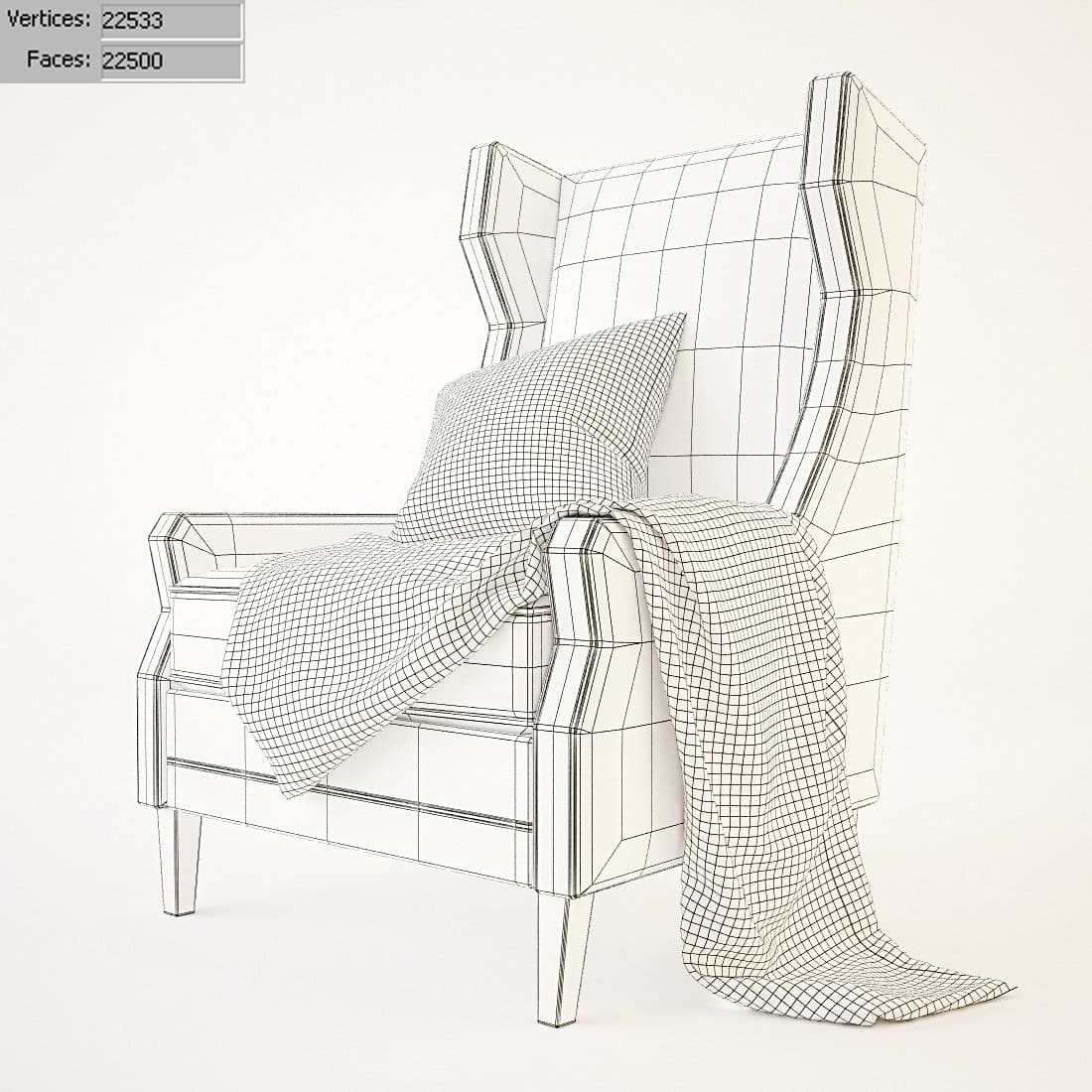 Mesh model of Rooma lucas chair with pillow and blanket.