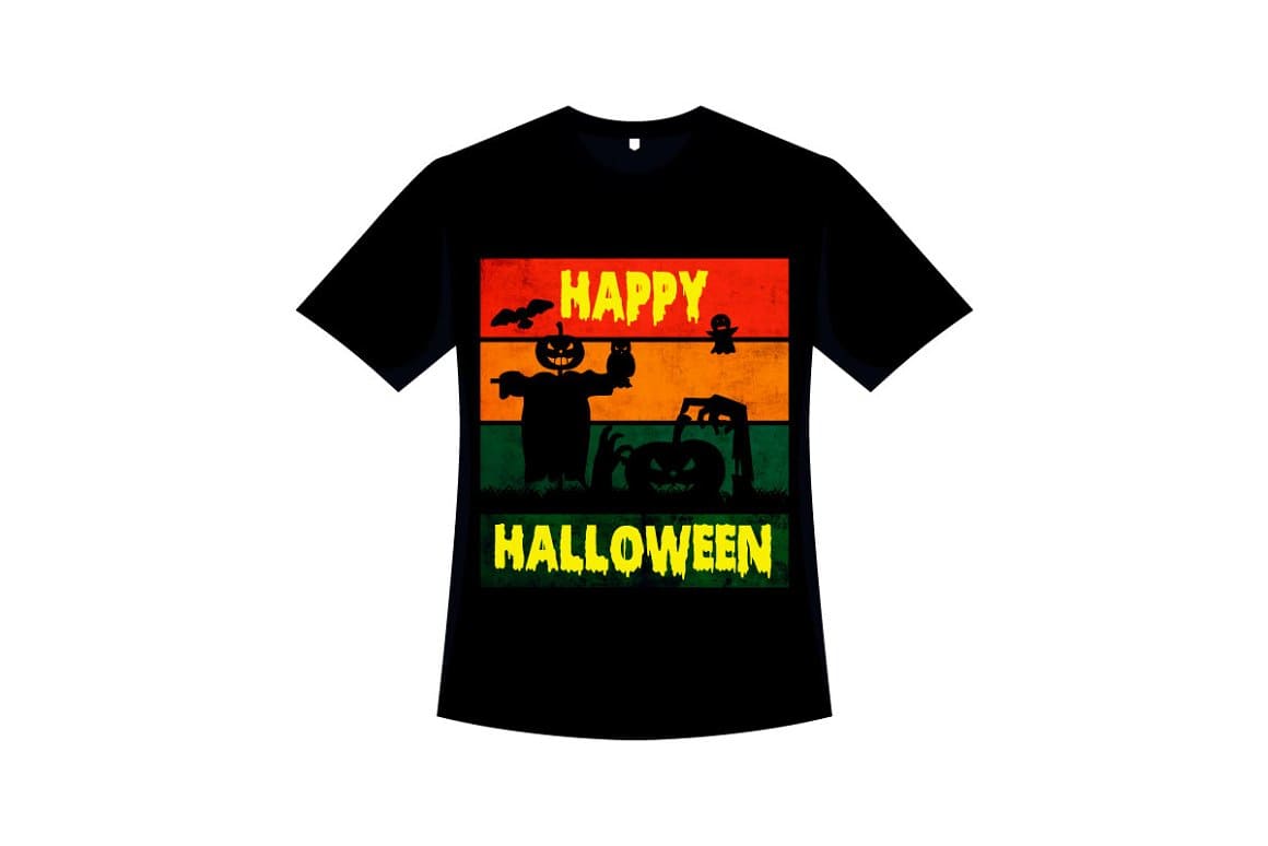 A black scarecrow and Halloween pumpkins are drawn on a black T-shirt.