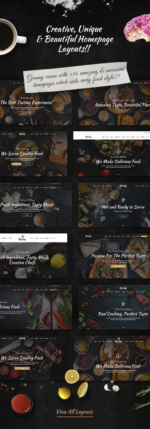 Creative, unique and beautiful homepage layouts of the Granny - Elegant Restaurant & Cafe WordPress Theme.