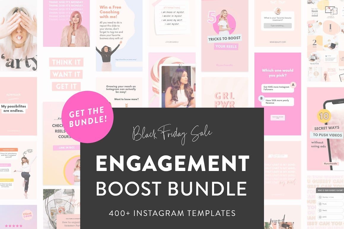 400+ Instagram templates of black Friday sale of engagement boost bundle.