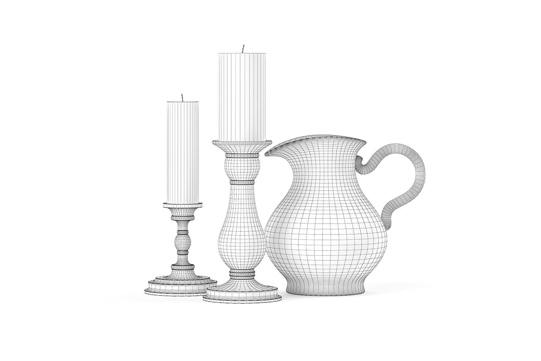 Transparent 3D model of candles and a mug.