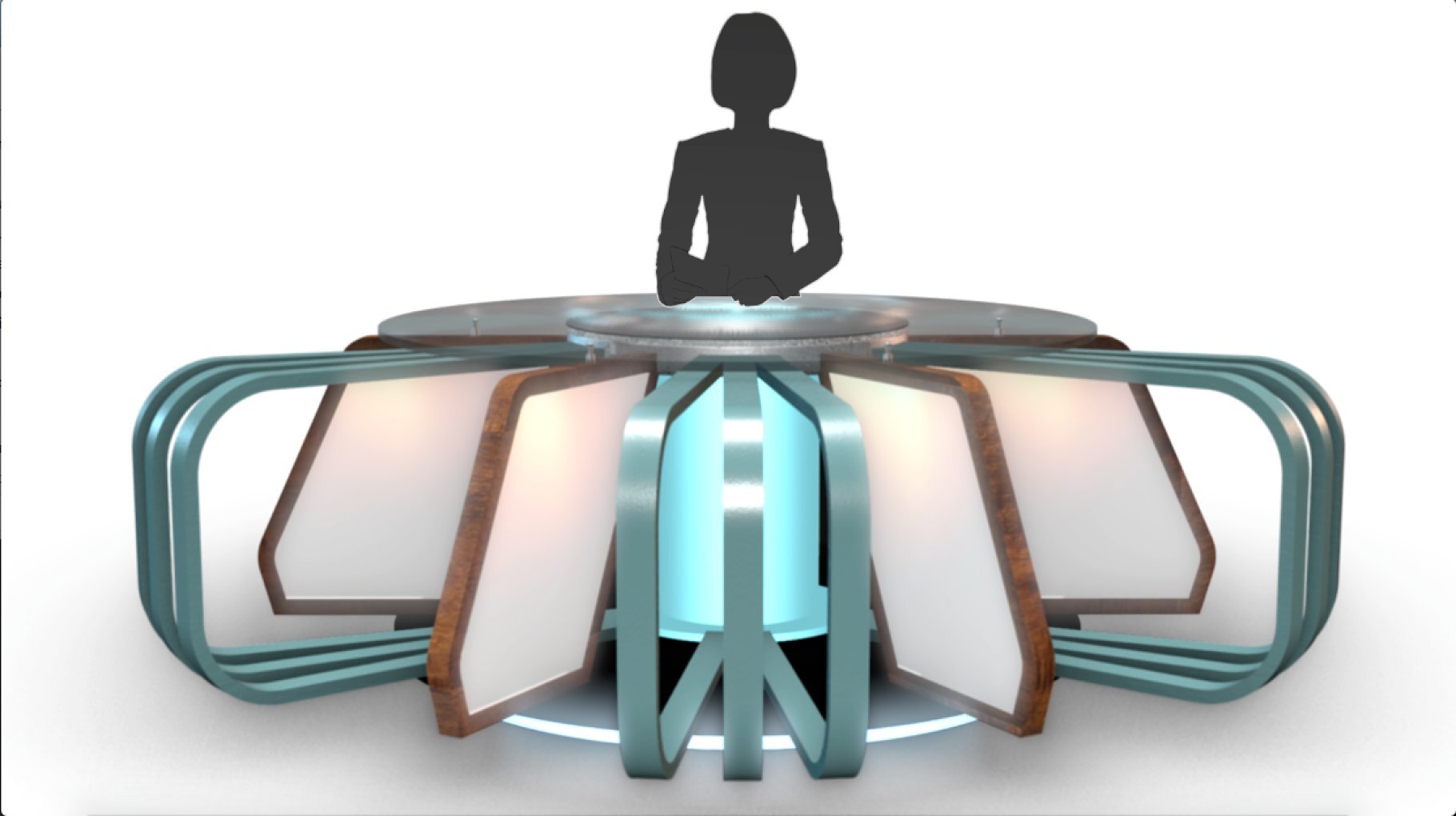 Image of a TV news studio with a silhouette of a presenter.