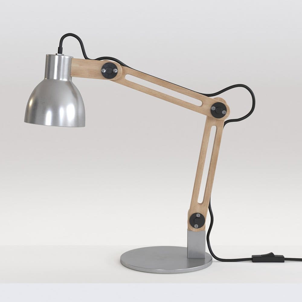 "MaxTracing" table lamp with a wooden stand and a metal lampshade.