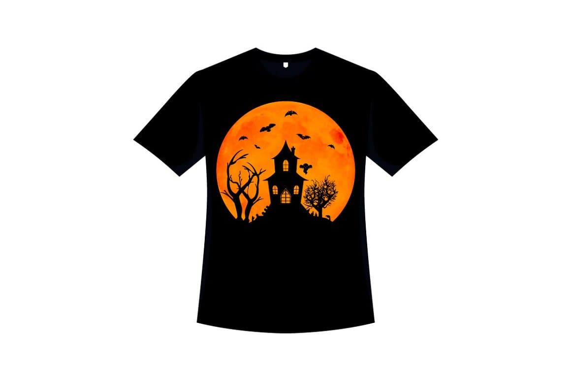 A black house on the moon is drawn on a black T-shirt.