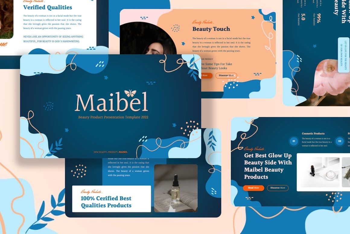 Google slides of Maibel beauty products in blue and peach colors.