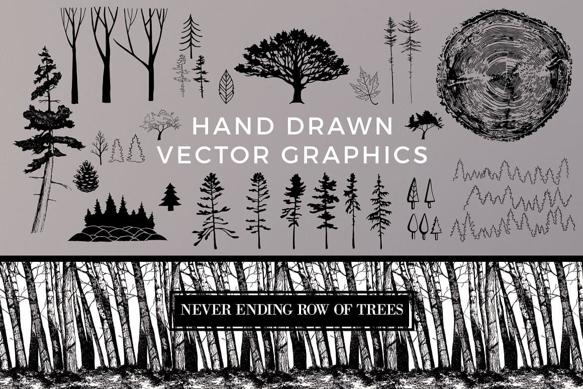 "Never ending row of trees" hand drawn vector graphics.