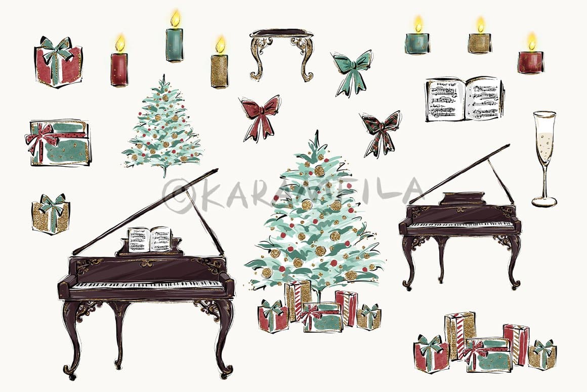 Illustrations of a piano with decorative legs, Christmas presents and candles.