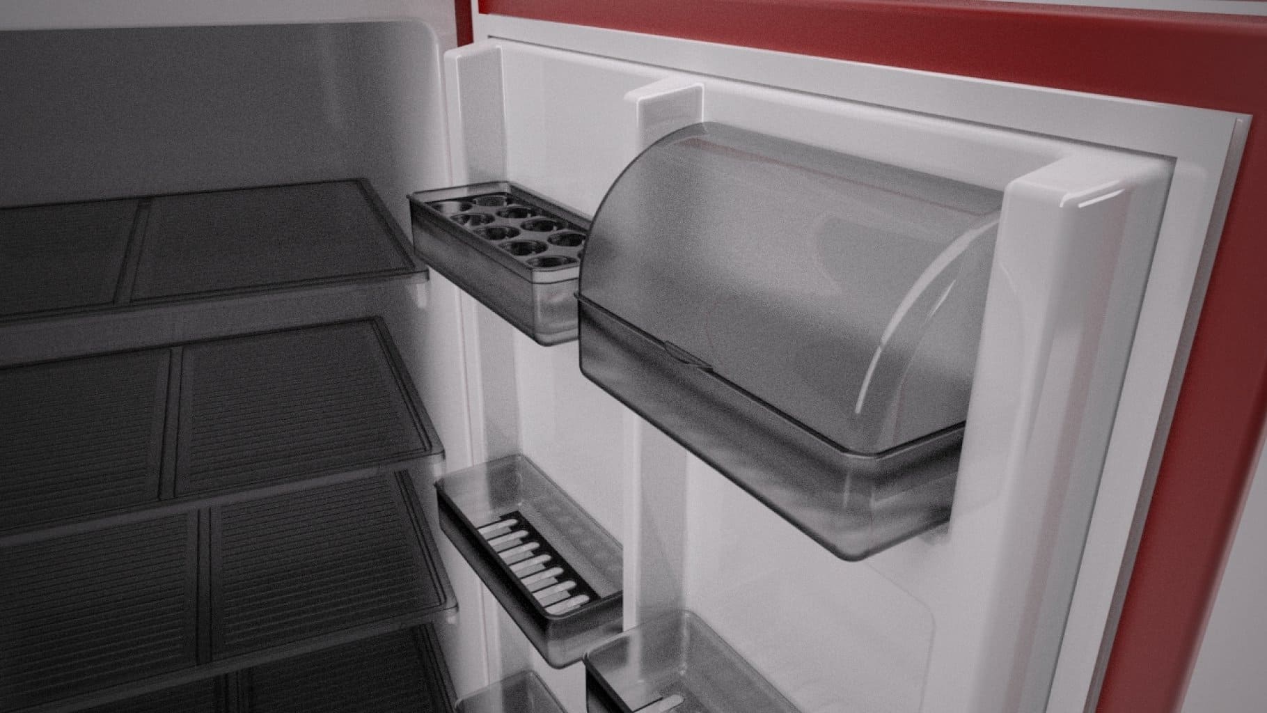 Shelves on the door of the red refrigerator.