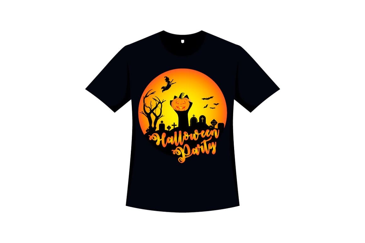 A black t-shirt with a yellow moon, a zombie hand holding an orange pumpkin.