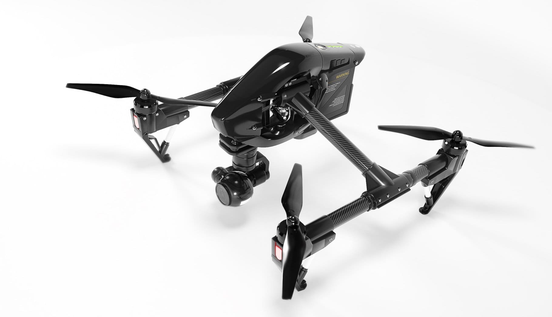 Black lacquered quadcopter with small details.