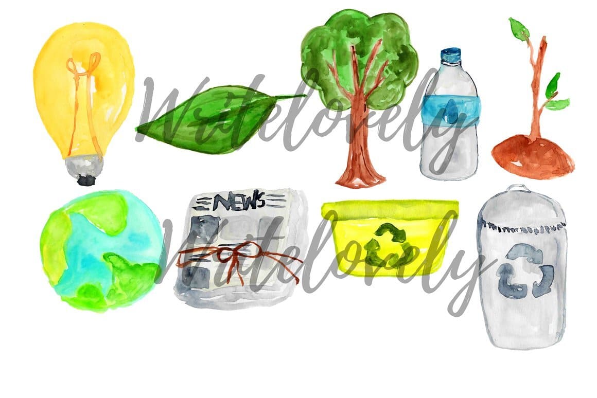 Watercolor image of a light bulb, leaf, tree, earth and plastic garbage.