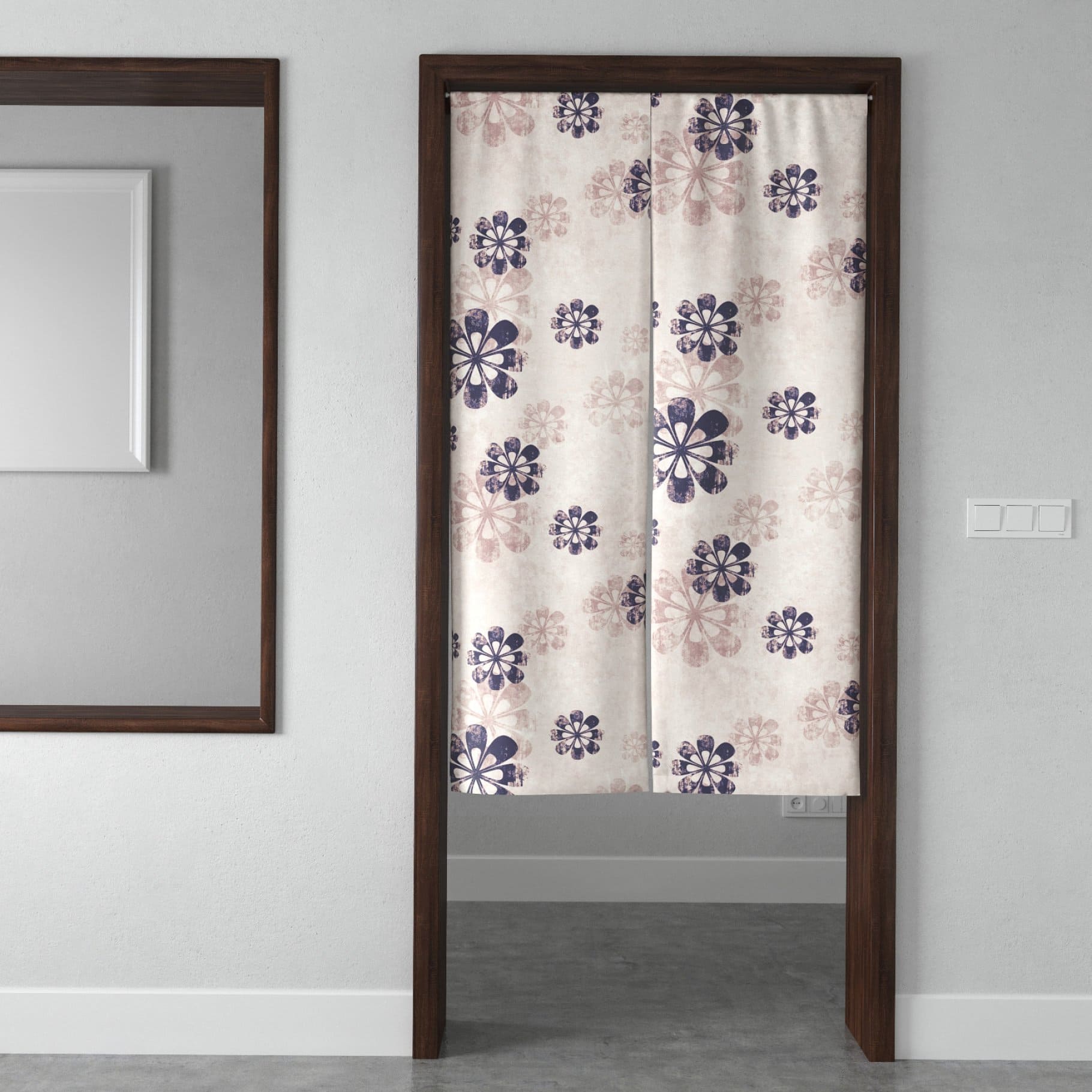Japanese curtain with flowers in the doorway.