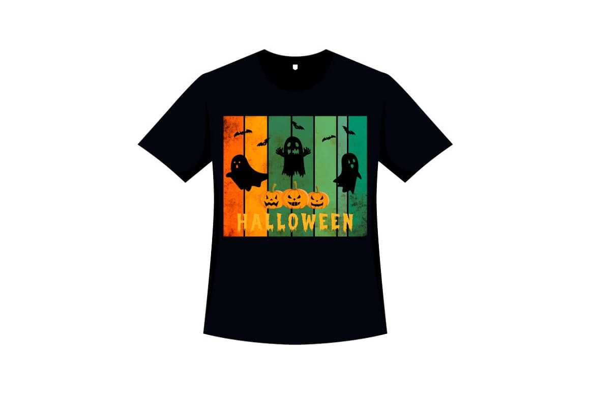 Black t-shirt with the image of ghosts, pumpkins for Halloween on colored stripes.