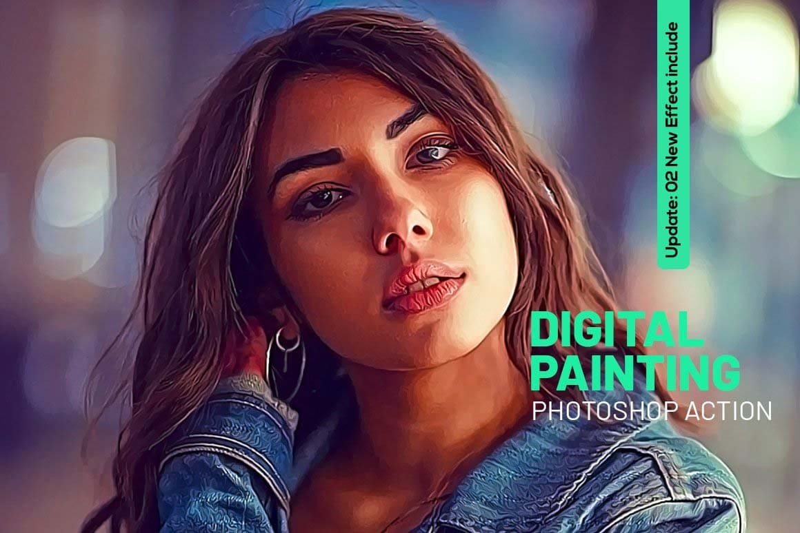 The image of a girl and the inscription "Digital painting Photoshop action".