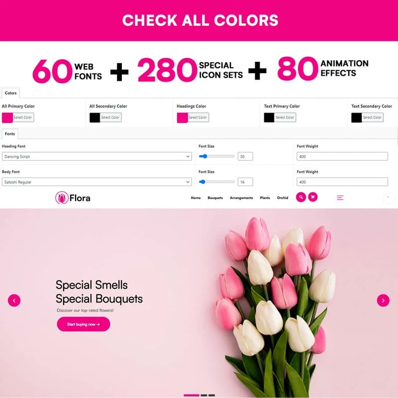 80 animation effects of Flora - Flower Shop WooCommerce WordPress Theme.