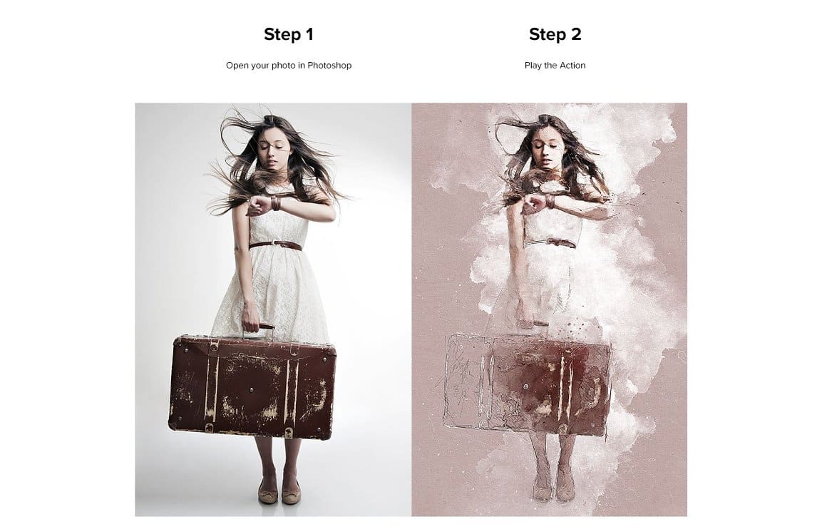 A photo of a girl with a retro suitcase and the same image painted in watercolor.