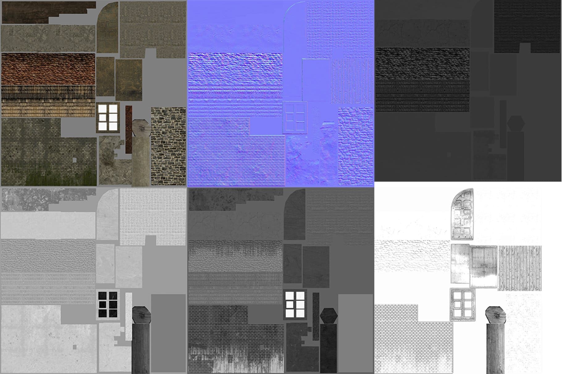 6 squares depicting parts of the house in different styles.