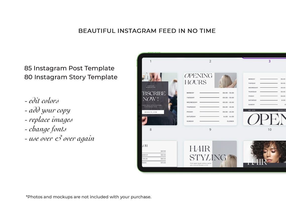85 Instagram post templates and 80 Instagram story templates.