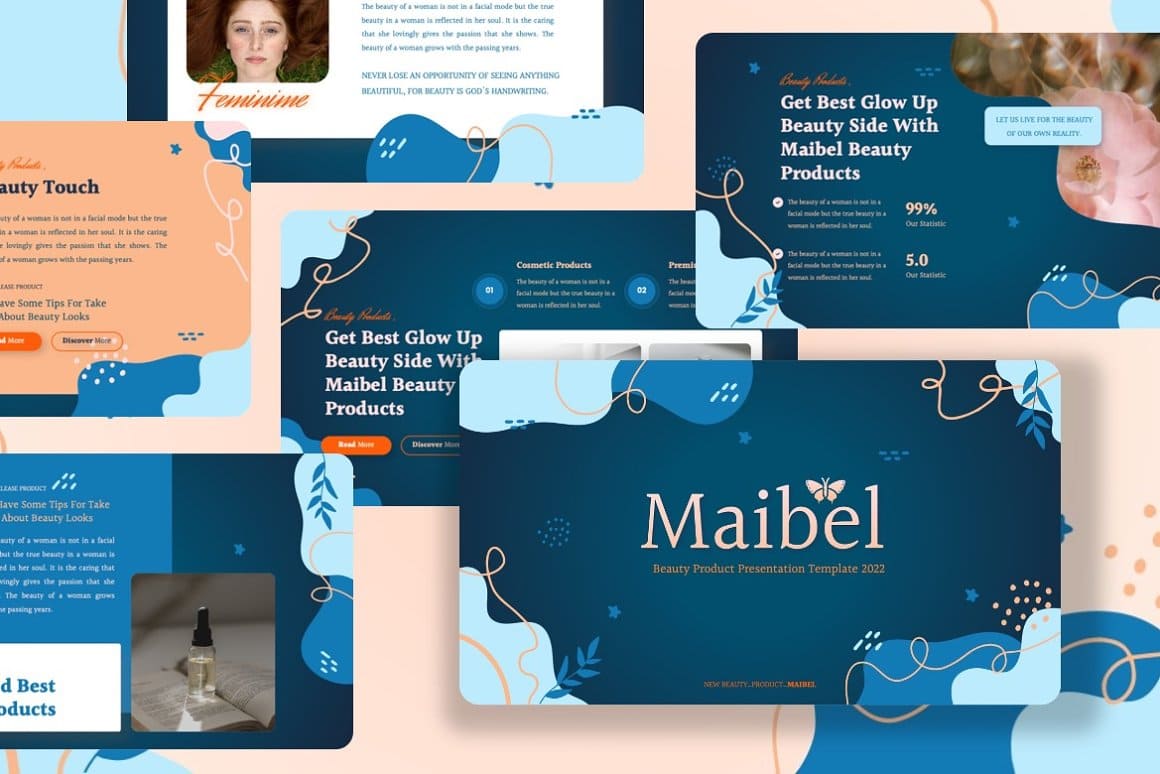 Dark blue slides about Maibel cosmetic products.